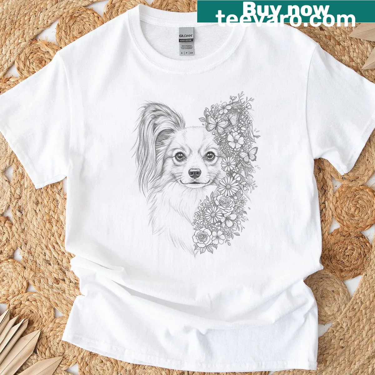 Floral design featuring a Papillon dog with flowers and butterflies — on a men's t-shirt