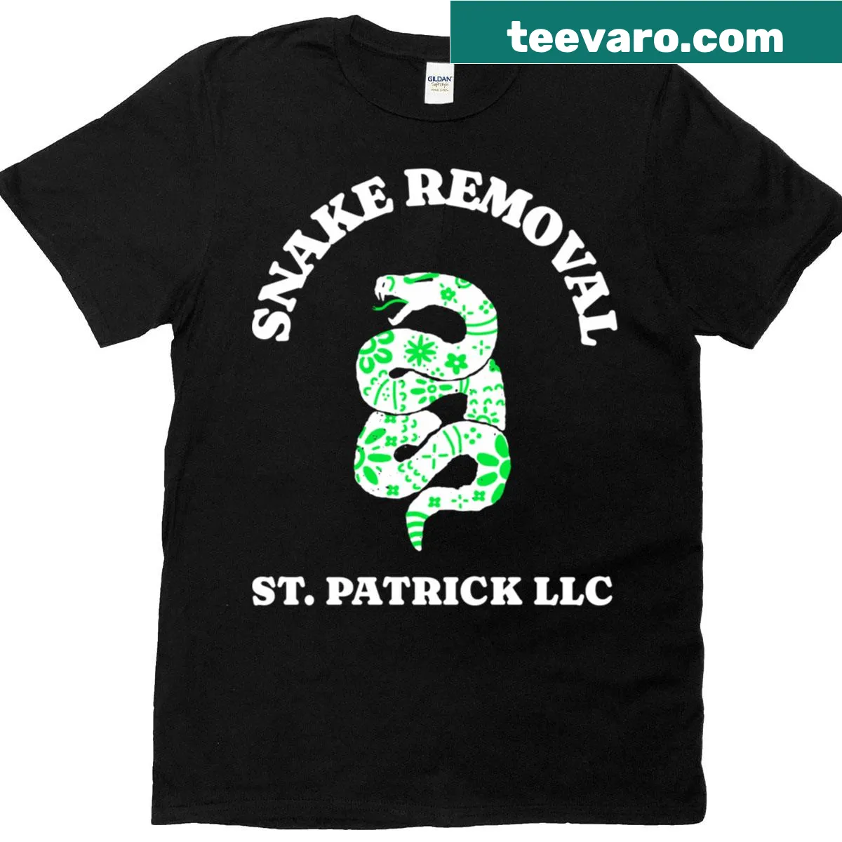 Humorous snake removal design for St. Patrick's Day, playful and fun — on a men's t-shirt