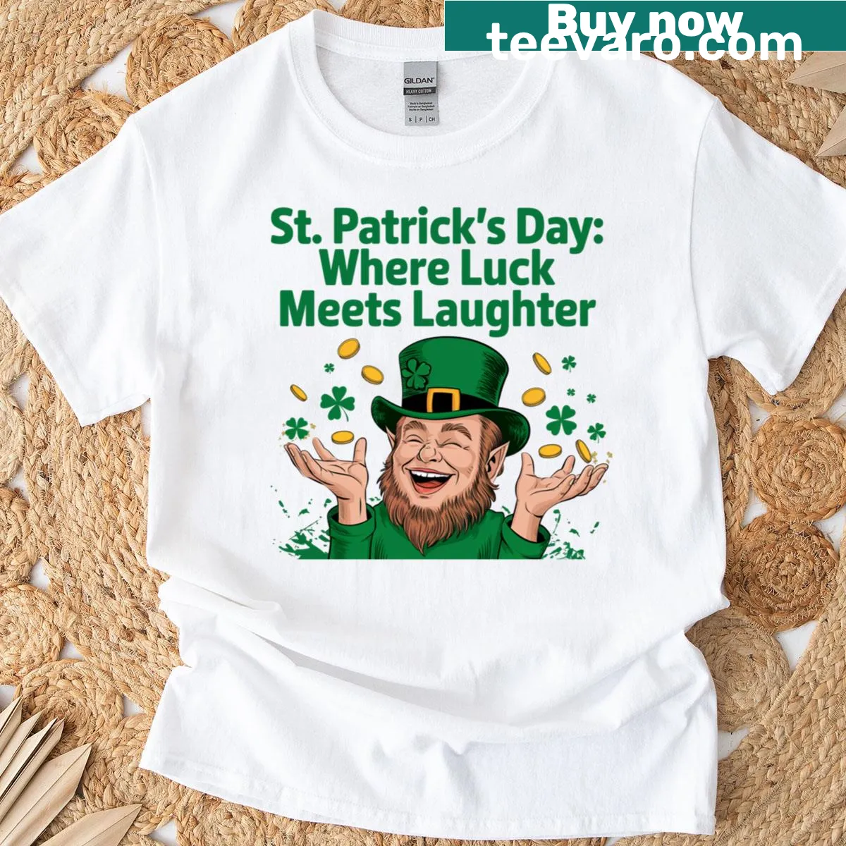 Lively leprechaun design with gold coins for St. Patrick's Day — on a men's t-shirt