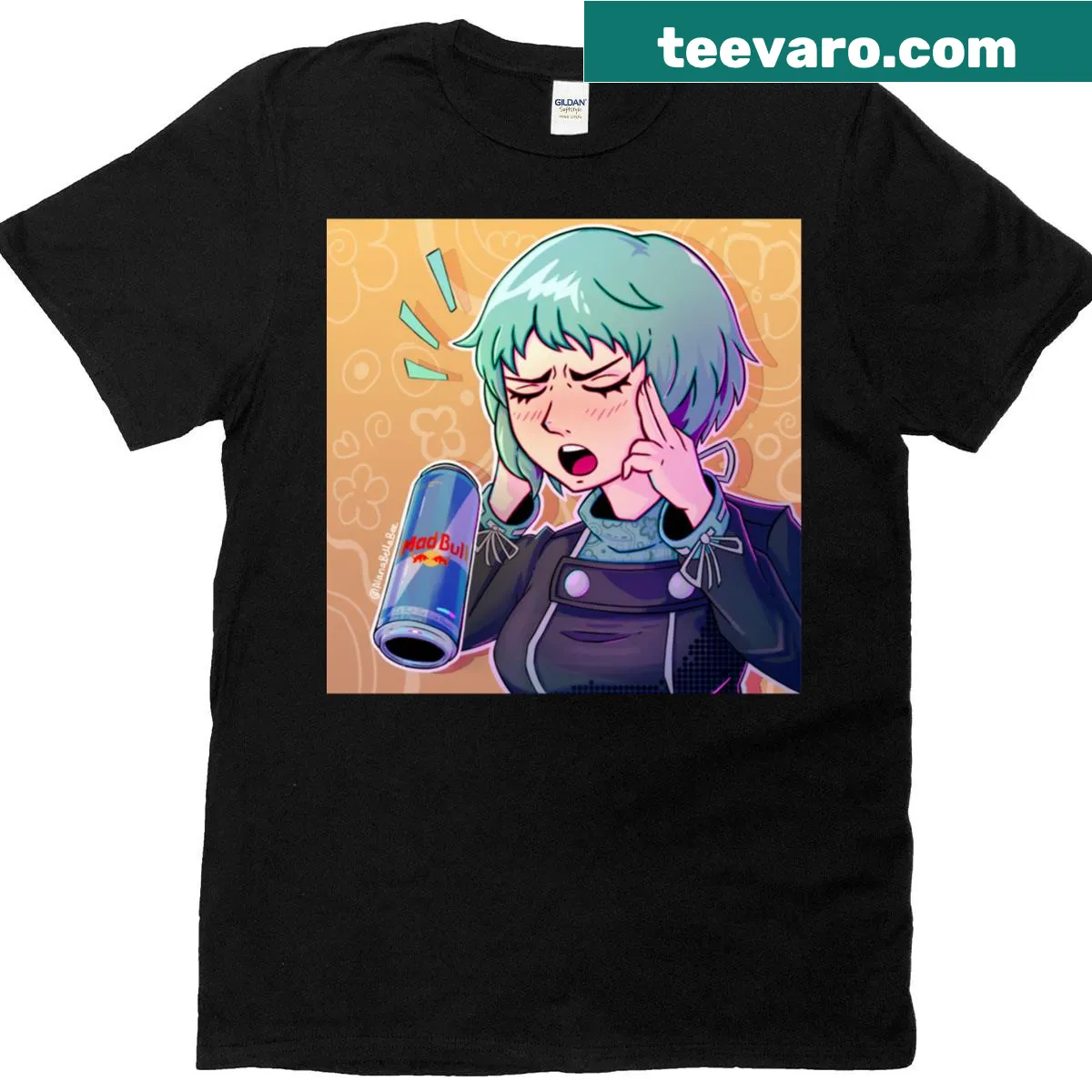 Cartoon graphic of Fuuka and levitating Madbull T-shirt — on a men's t-shirt