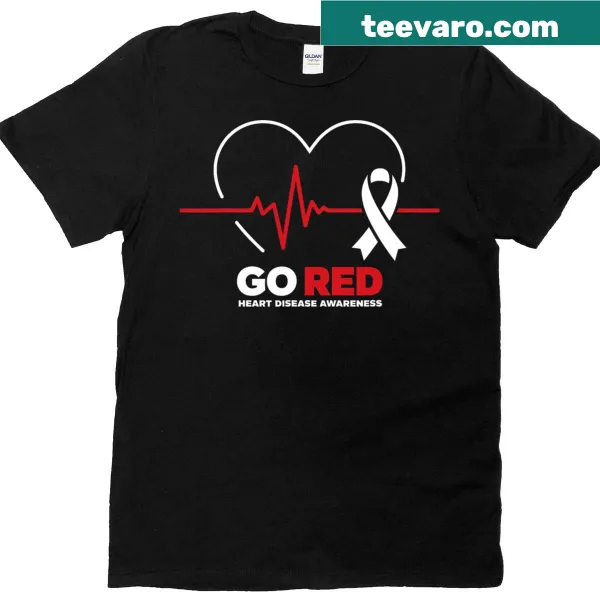 Typography shirt promoting heart disease awareness with 'Go Red' message.