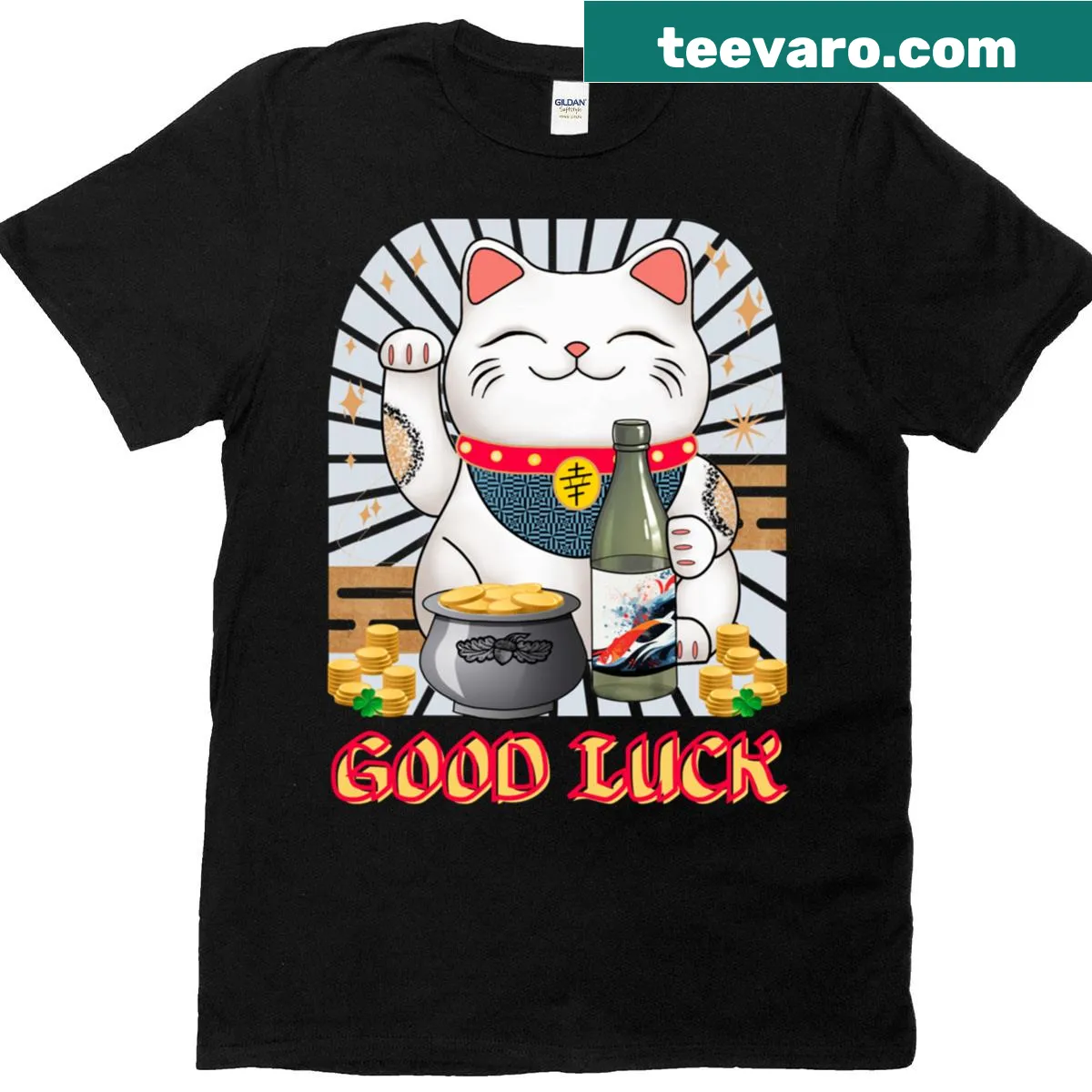 Wholesome Maneki Neko graphic T-shirt for good luck — on a men's t-shirt