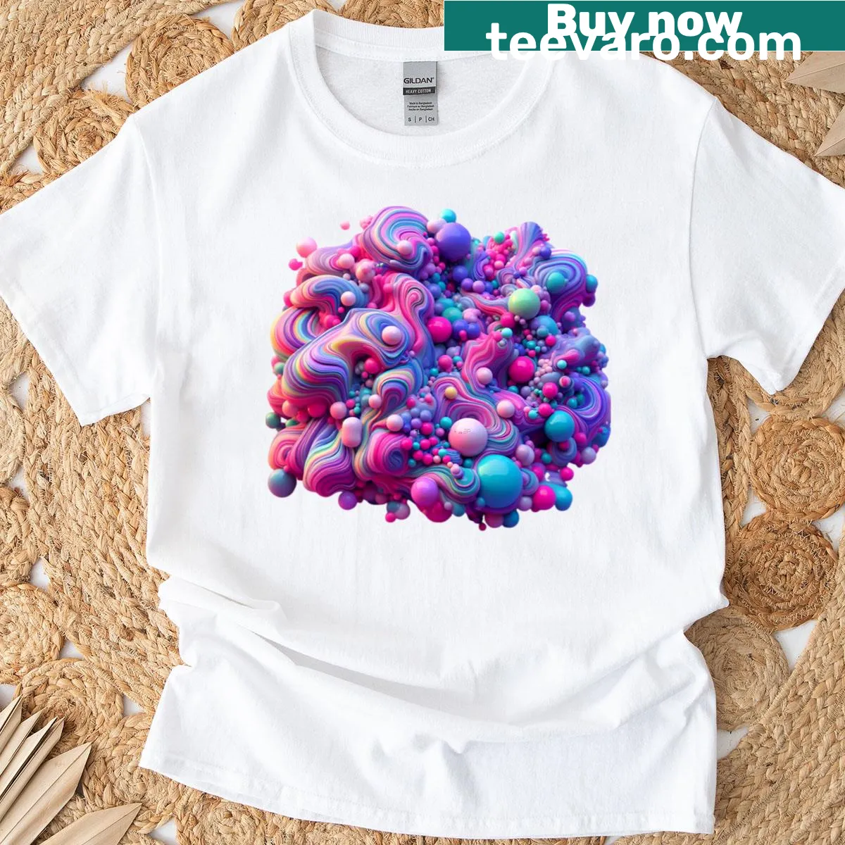 Cartoon T-shirt featuring playful gooey bubbles design — on a men's t-shirt