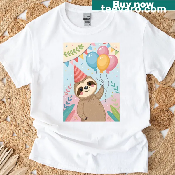 Cute sloth in a party hat on a birthday T-shirt for kids
