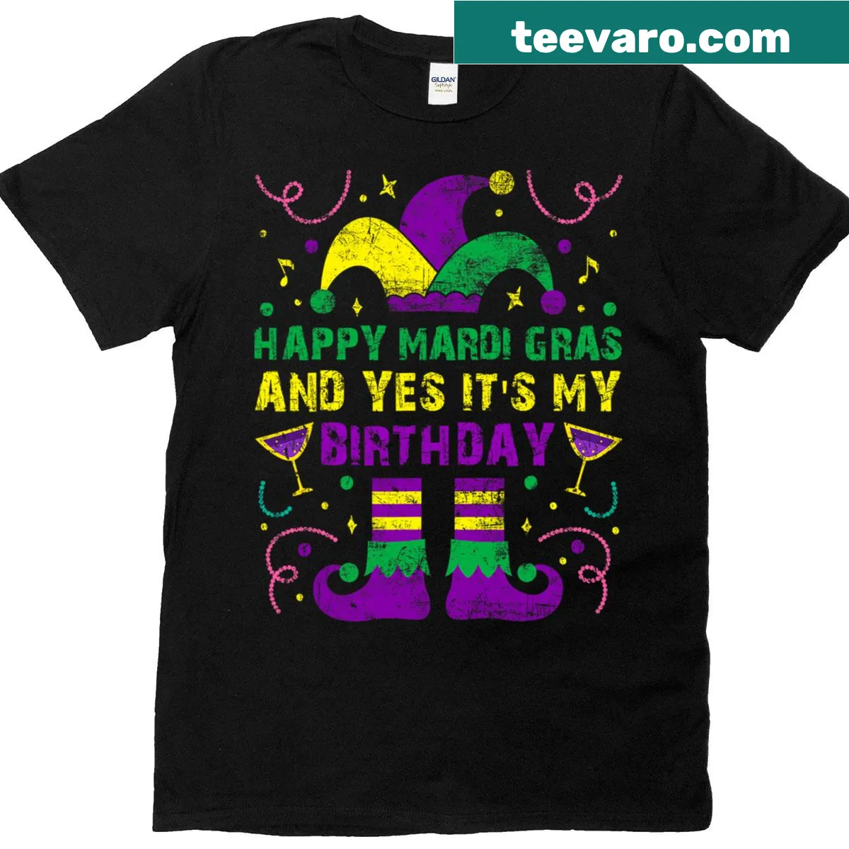 Typography T-shirt celebrating Mardi Gras and birthdays. — on a men's t-shirt