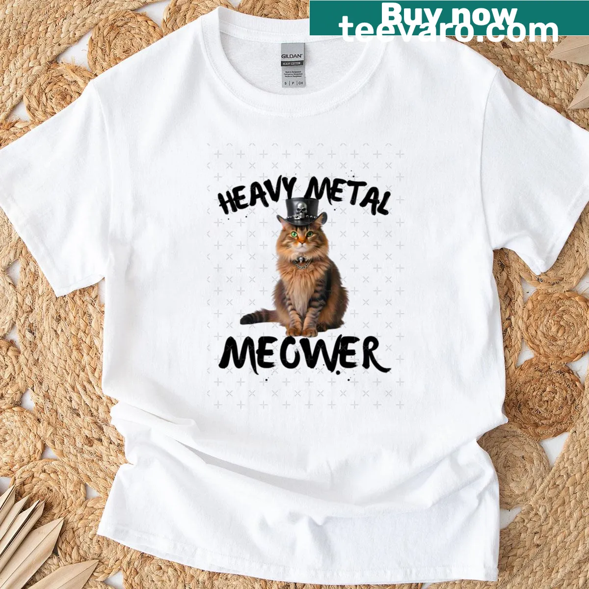 Cute American Longhair cat t-shirt with black leather chains illustration — on a men's t-shirt