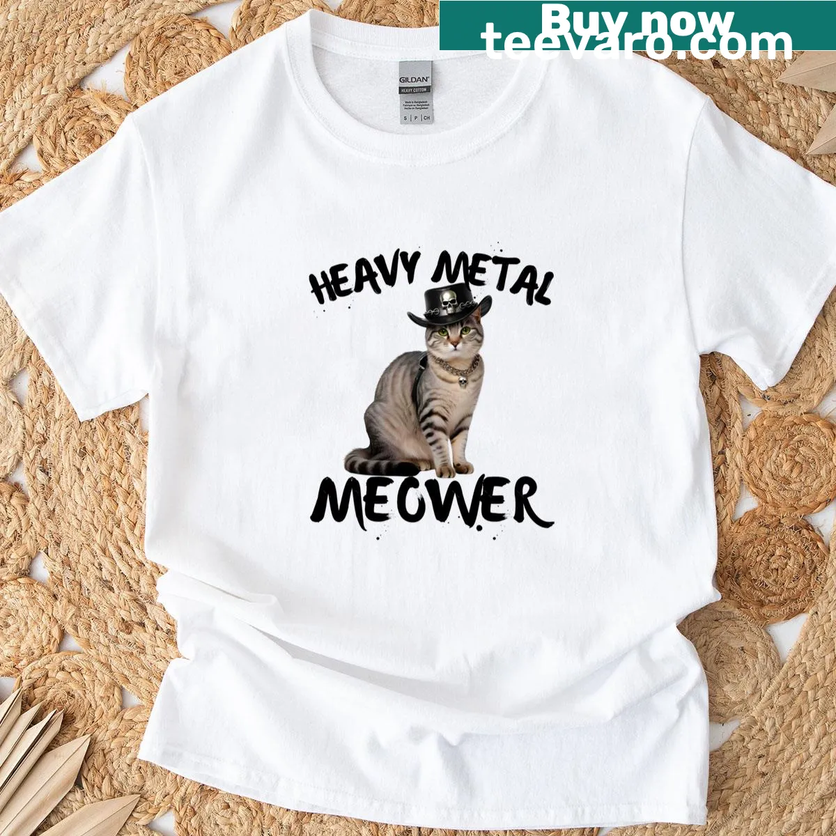 Cute silver tabby cat t-shirt with black leather rocker illustration — on a men's t-shirt