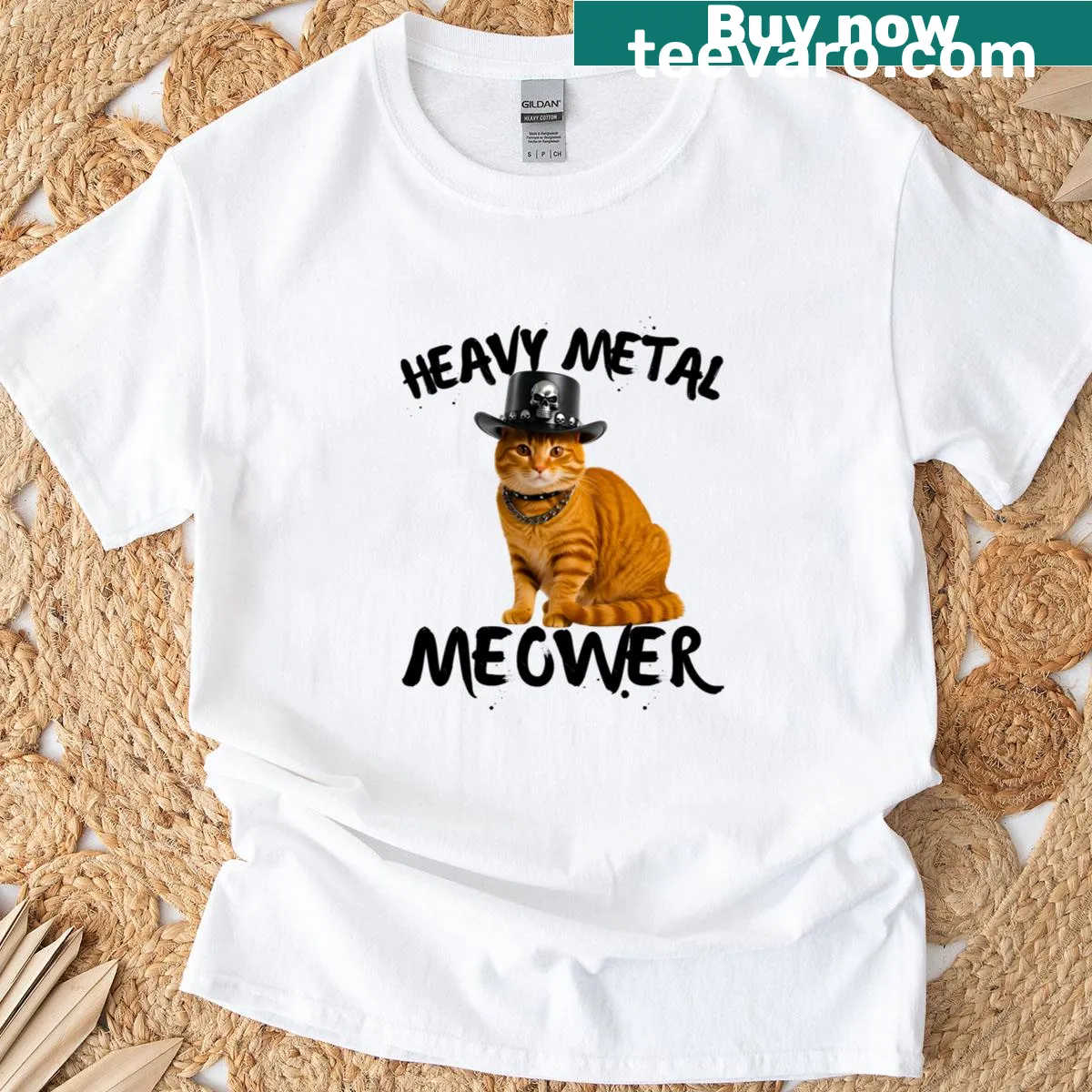 Orange tabby cat t-shirt with black leather and chains illustration — on a men's t-shirt