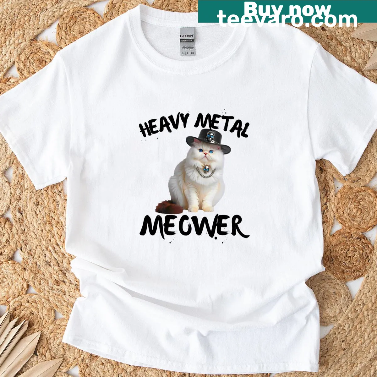 Illustration of a white Persian cat in black leather chains — on a men's t-shirt