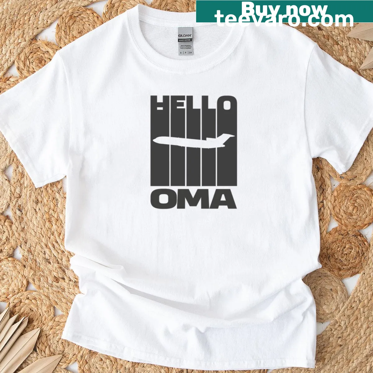 T-shirt featuring 'Hello Oma Omaha Nebraska' in bold typography — on a men's t-shirt