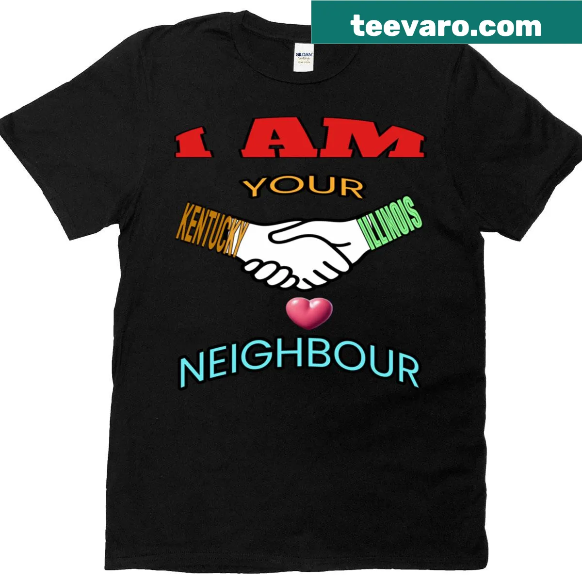 Text-based design declaring Kentucky and Illinois as neighbors — on a men's t-shirt