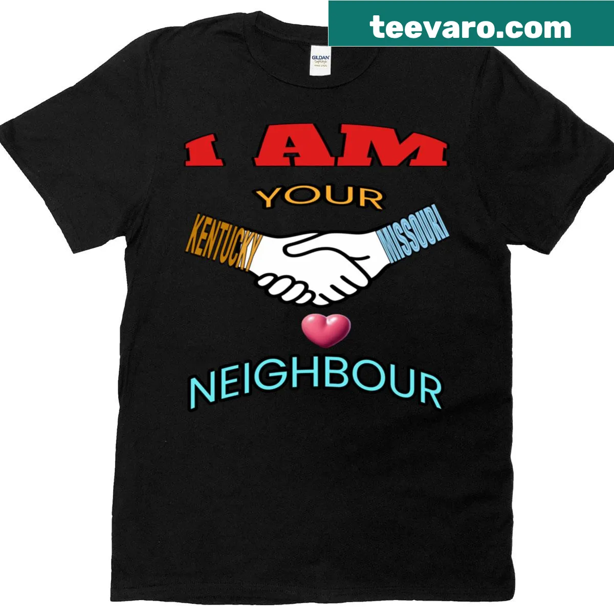 Text design proclaiming Kentucky and Missouri are neighbors — on a men's t-shirt