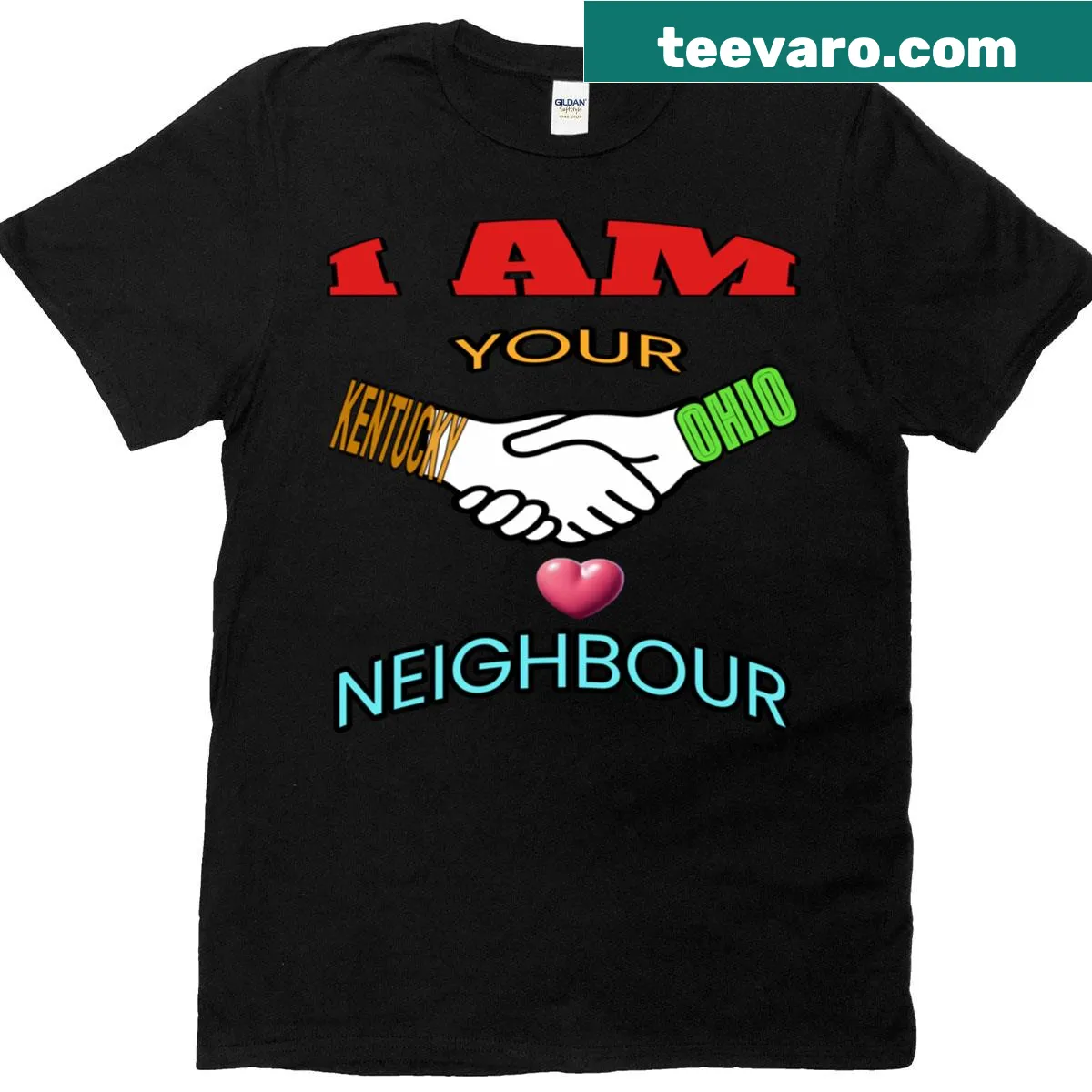Typography T-shirt celebrating Kentucky and Ohio neighbors. — on a men's t-shirt