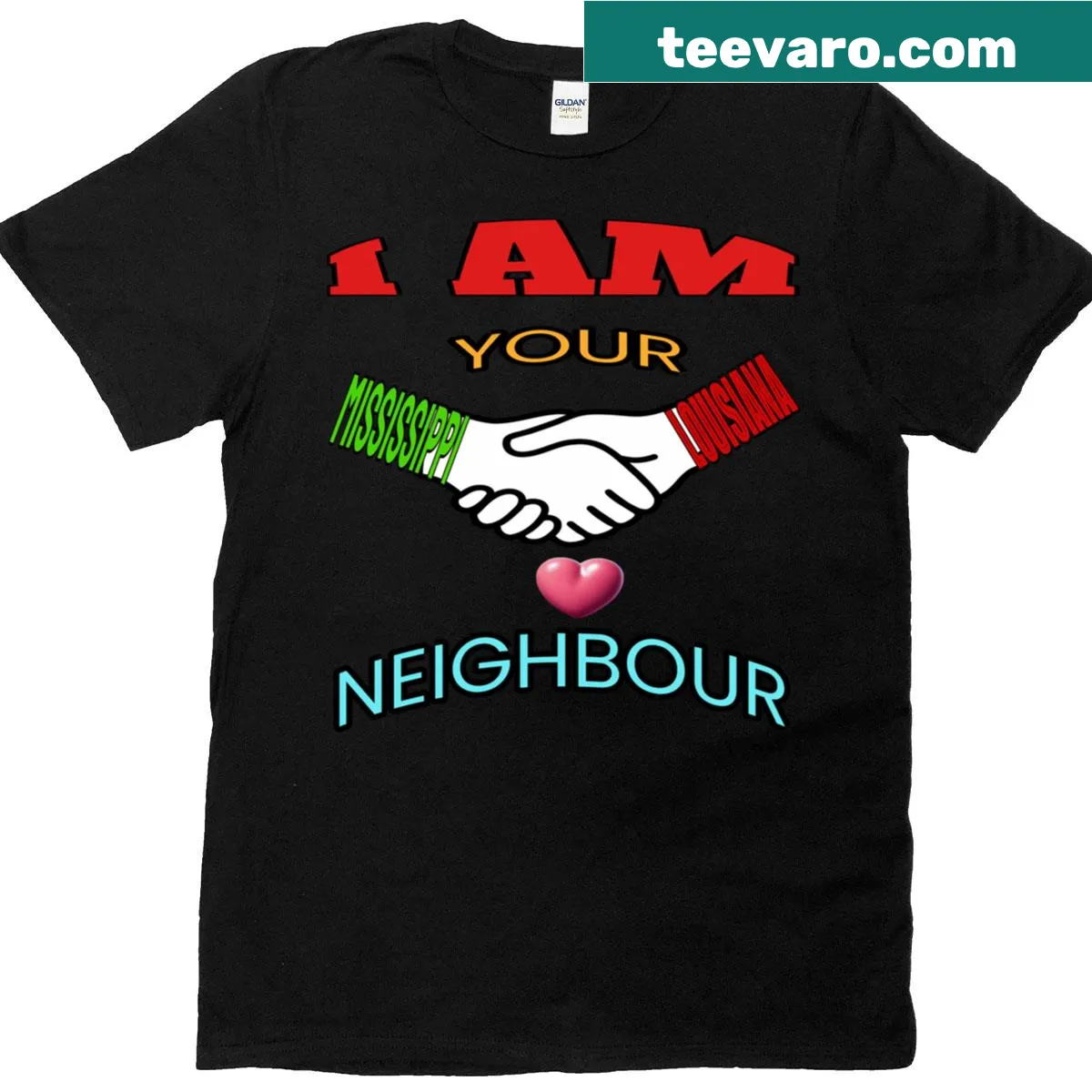 Text stating Mississippi and Louisiana are neighbors — on a men's t-shirt