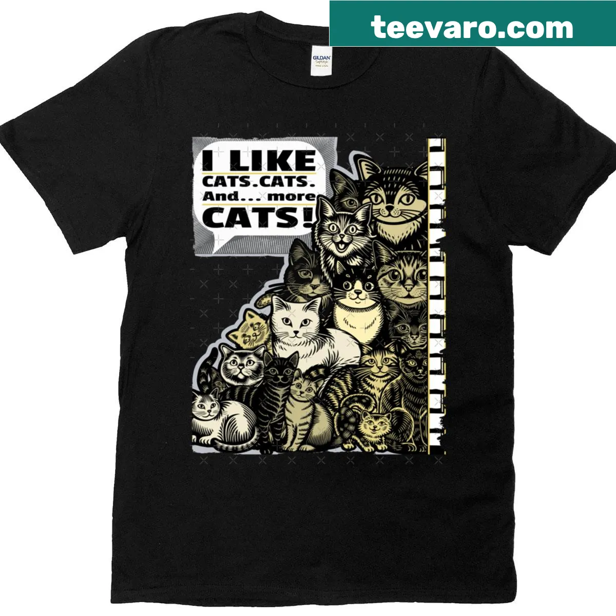 T-shirt with the text 'I Like Cats Cats And More Cats!' — on a men's t-shirt