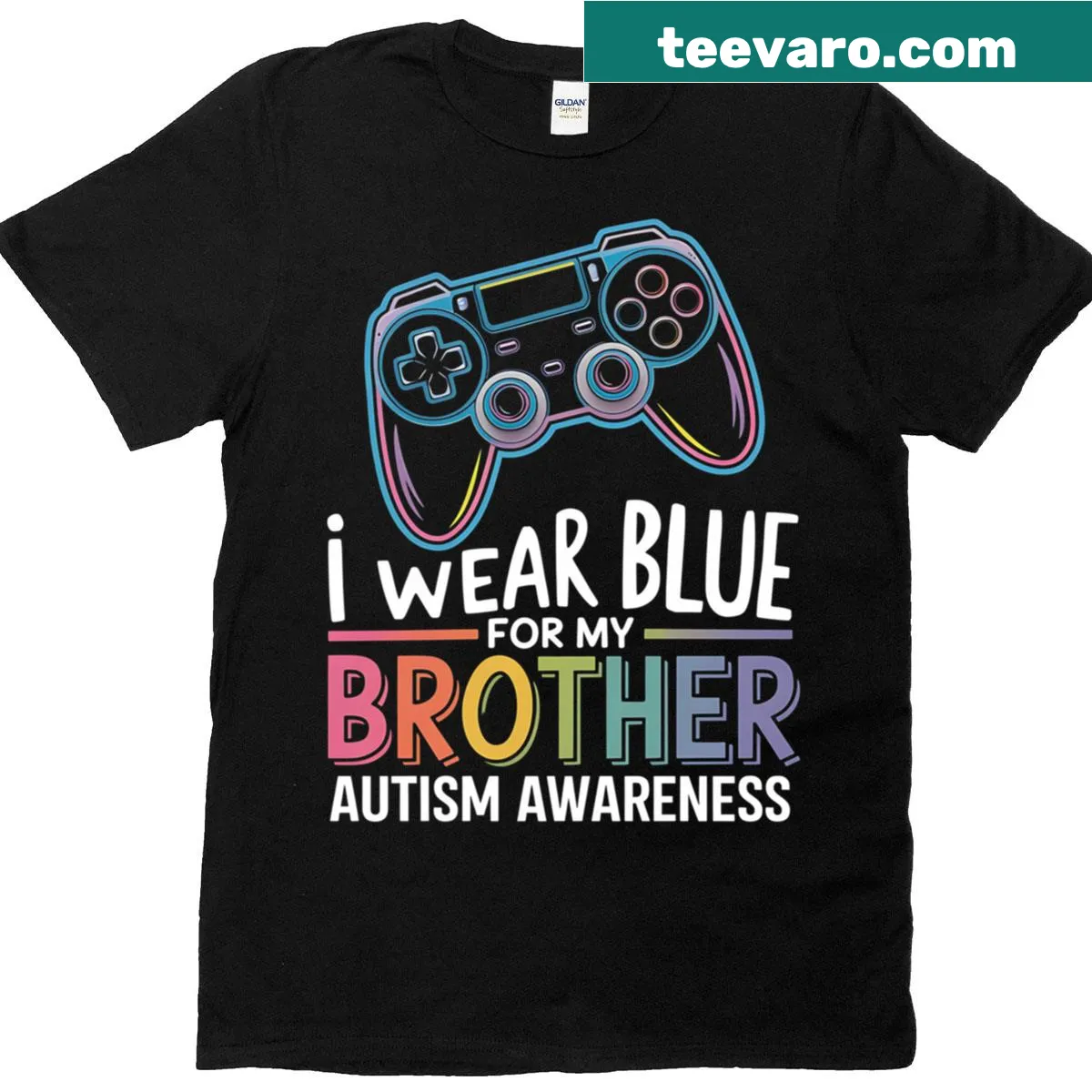 Gamer T-shirt for autism awareness with blue text supporting a brother — on a men's t-shirt
