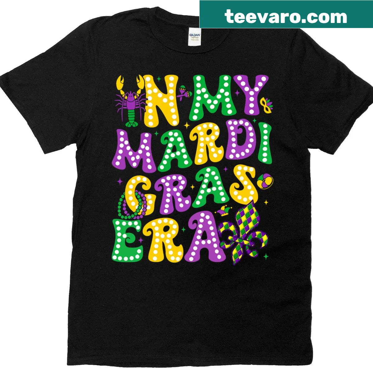 Mardi Gras themed t-shirt featuring a fleur de lis graphic — on a men's t-shirt