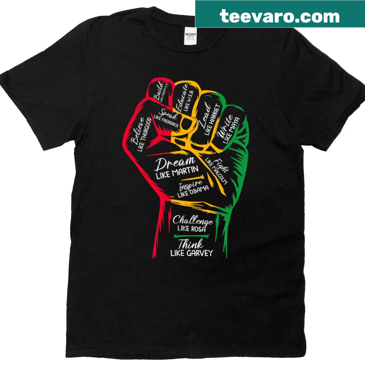 T-shirt featuring a raised fist graphic for Black History Month — on a men's t-shirt
