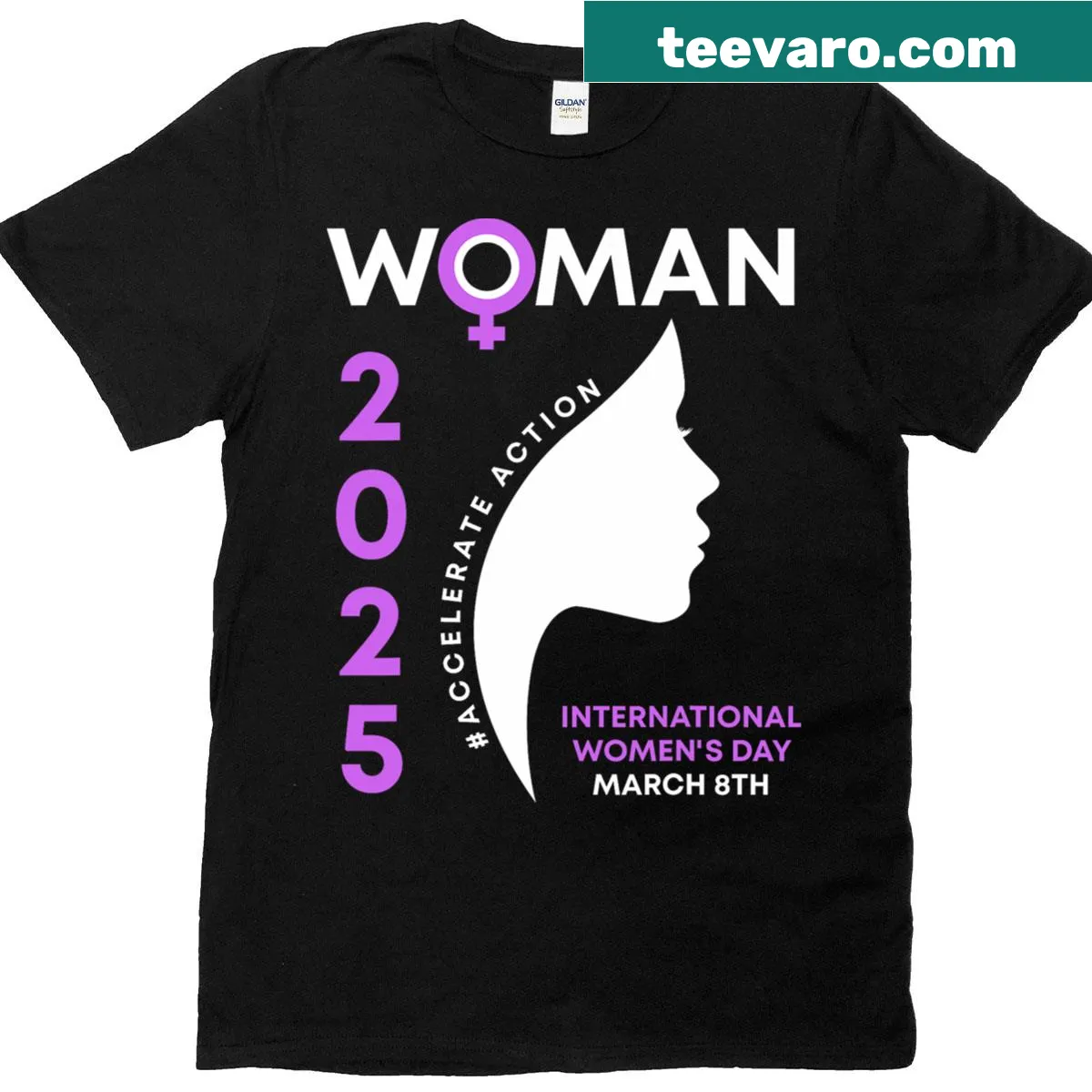 International Women’s Day t-shirt with 'Accelerate Action For' message — on a men's t-shirt