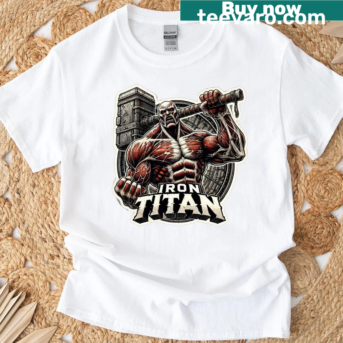 Illustrative t-shirt featuring a powerful Iron Titan graphic — on a men's t-shirt