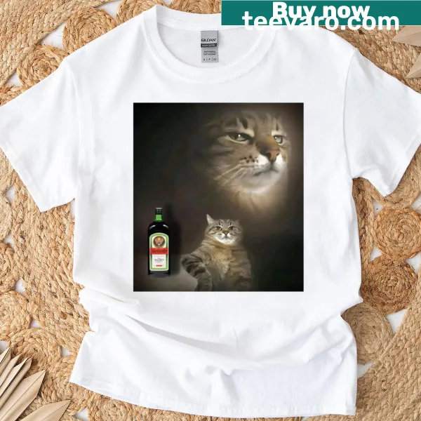 Funny T-shirt featuring a cartoon cat with a Jagermeister theme.