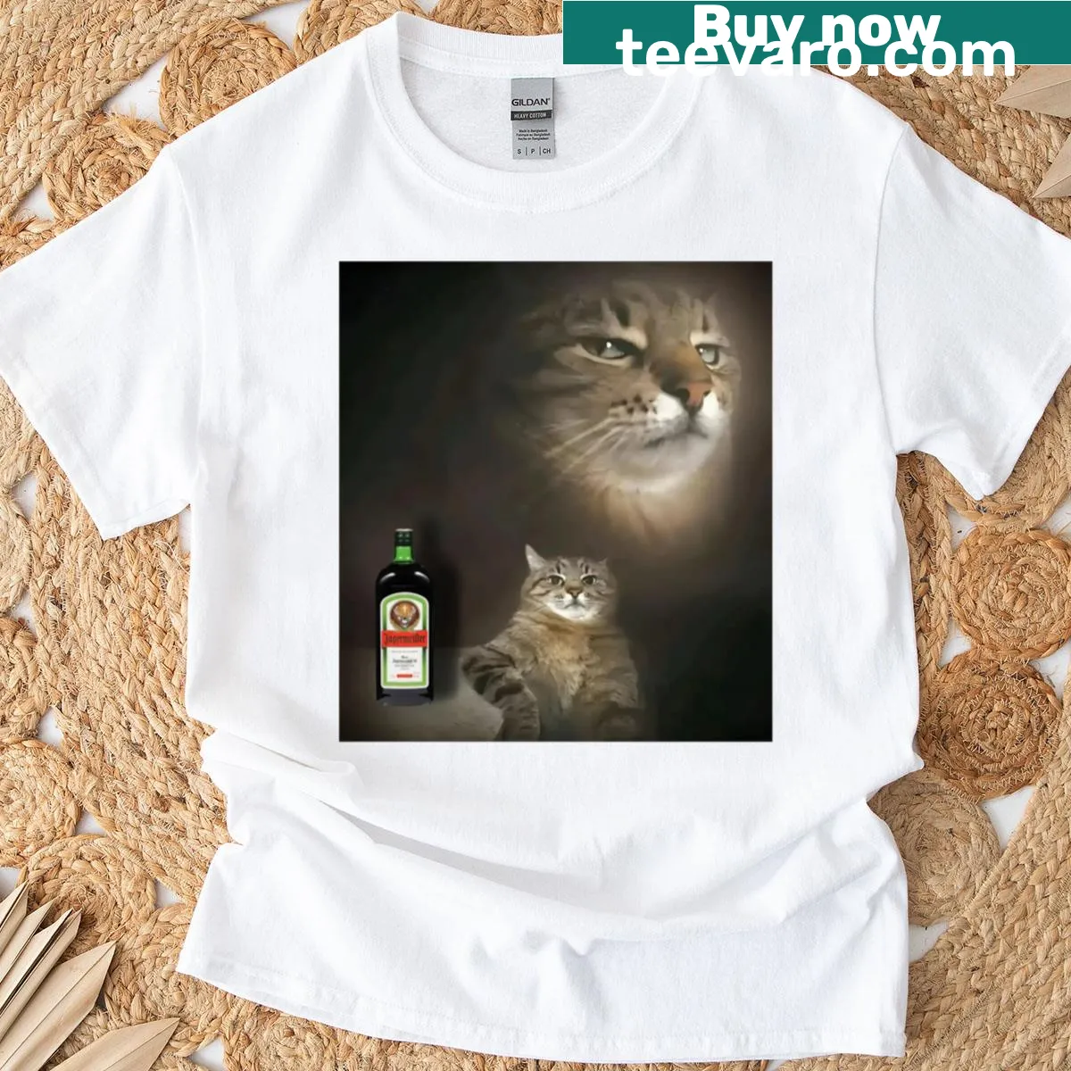 Funny T-shirt featuring a cartoon cat with a Jagermeister theme. — on a men's t-shirt