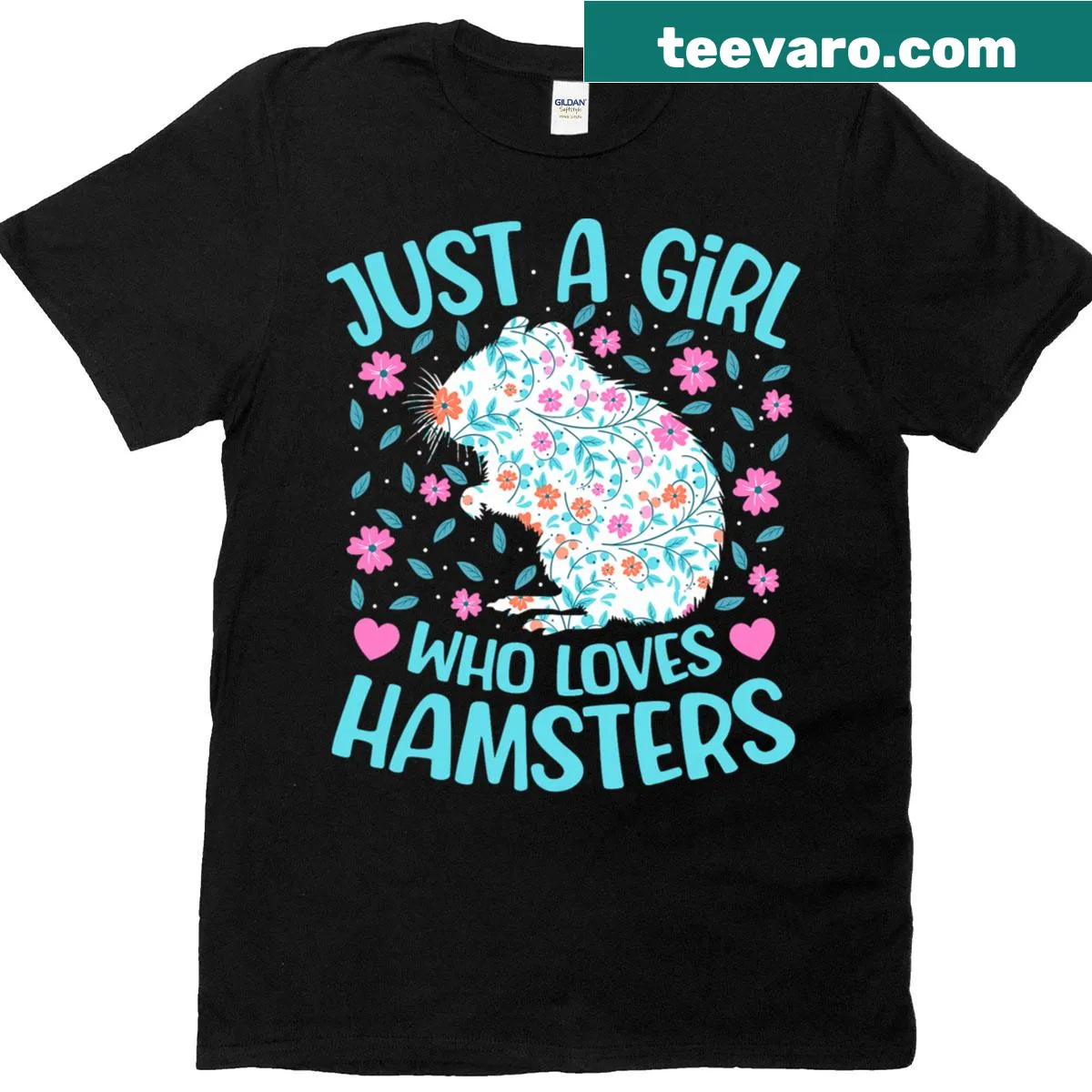 Cute hamster illustration with floral design for kids — on a men's t-shirt