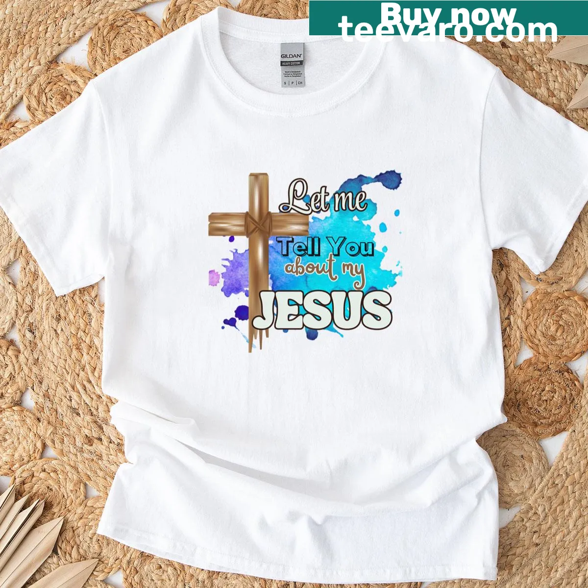 Inspirational T-shirt with the phrase 'Let Me Tell You About My Jesus' — on a men's t-shirt