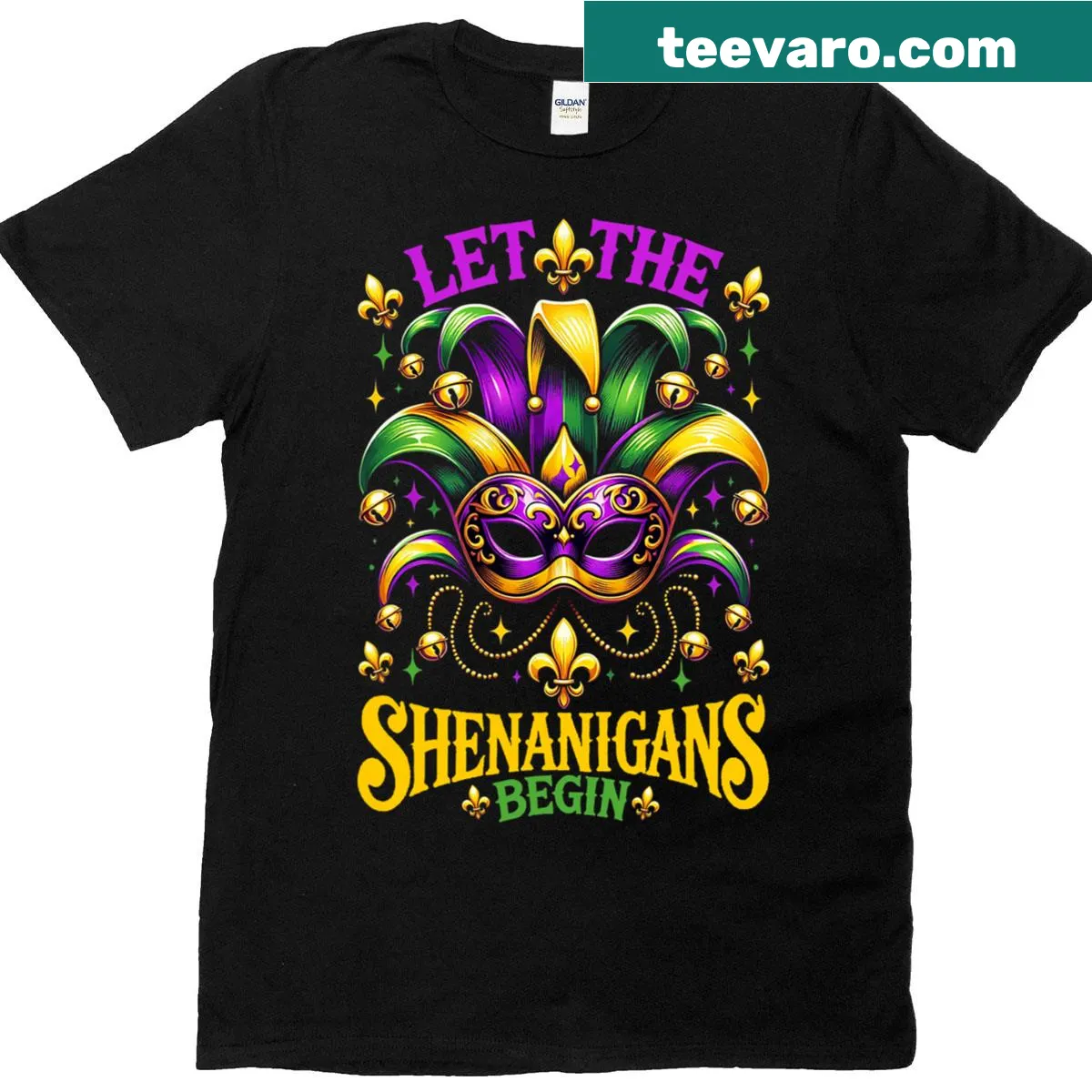 Mardi Gras themed t-shirt with 'Let The Shenanigans Begin' text — on a men's t-shirt