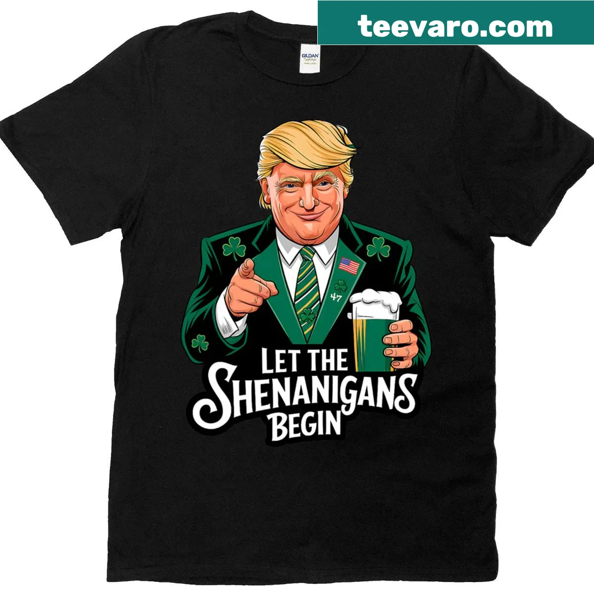 Funny St. Patrick's Day shirt with the phrase Let The Shenanigans Begin — on a men's t-shirt