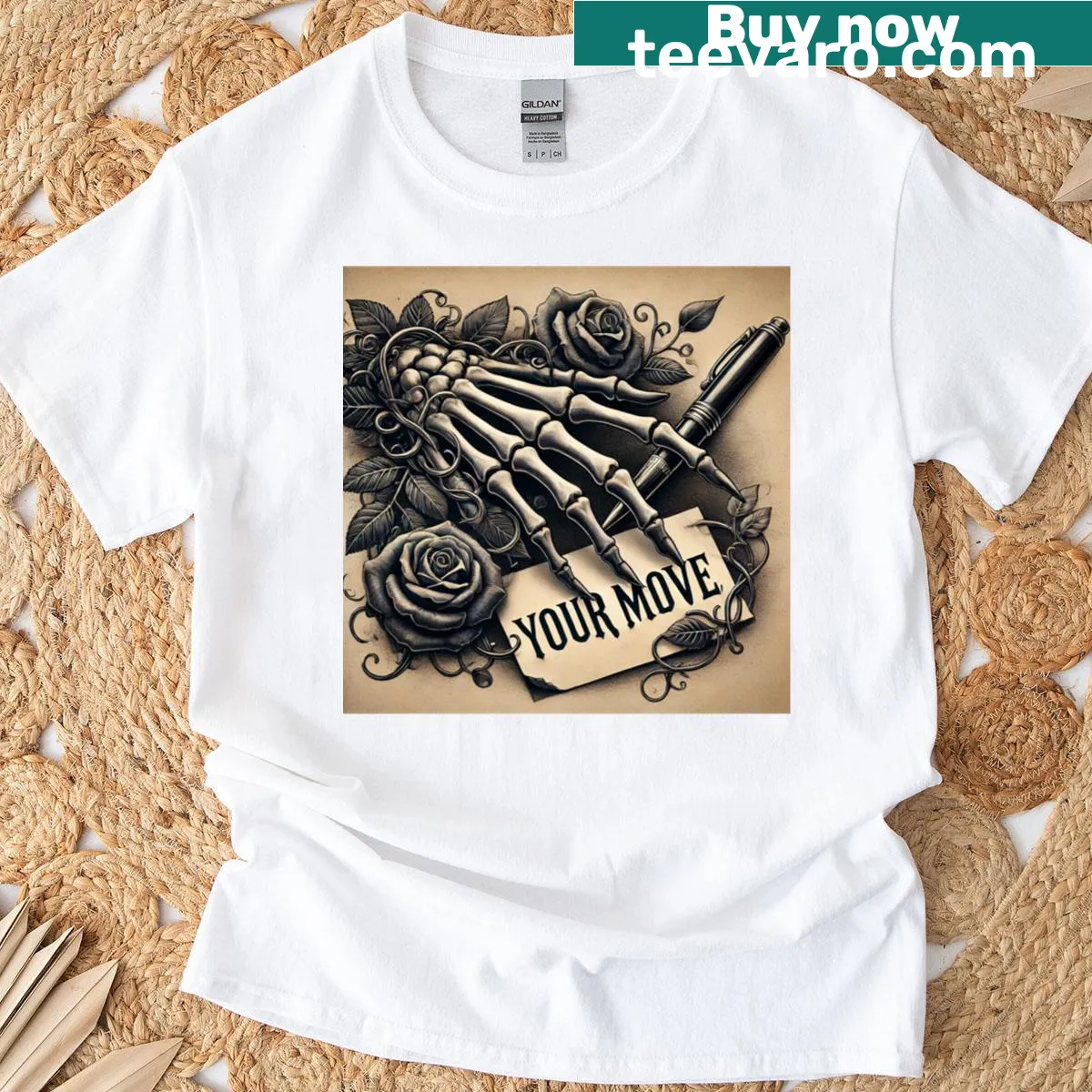 Thought-provoking t-shirt with 'Memento Mori' phrase — on a men's t-shirt