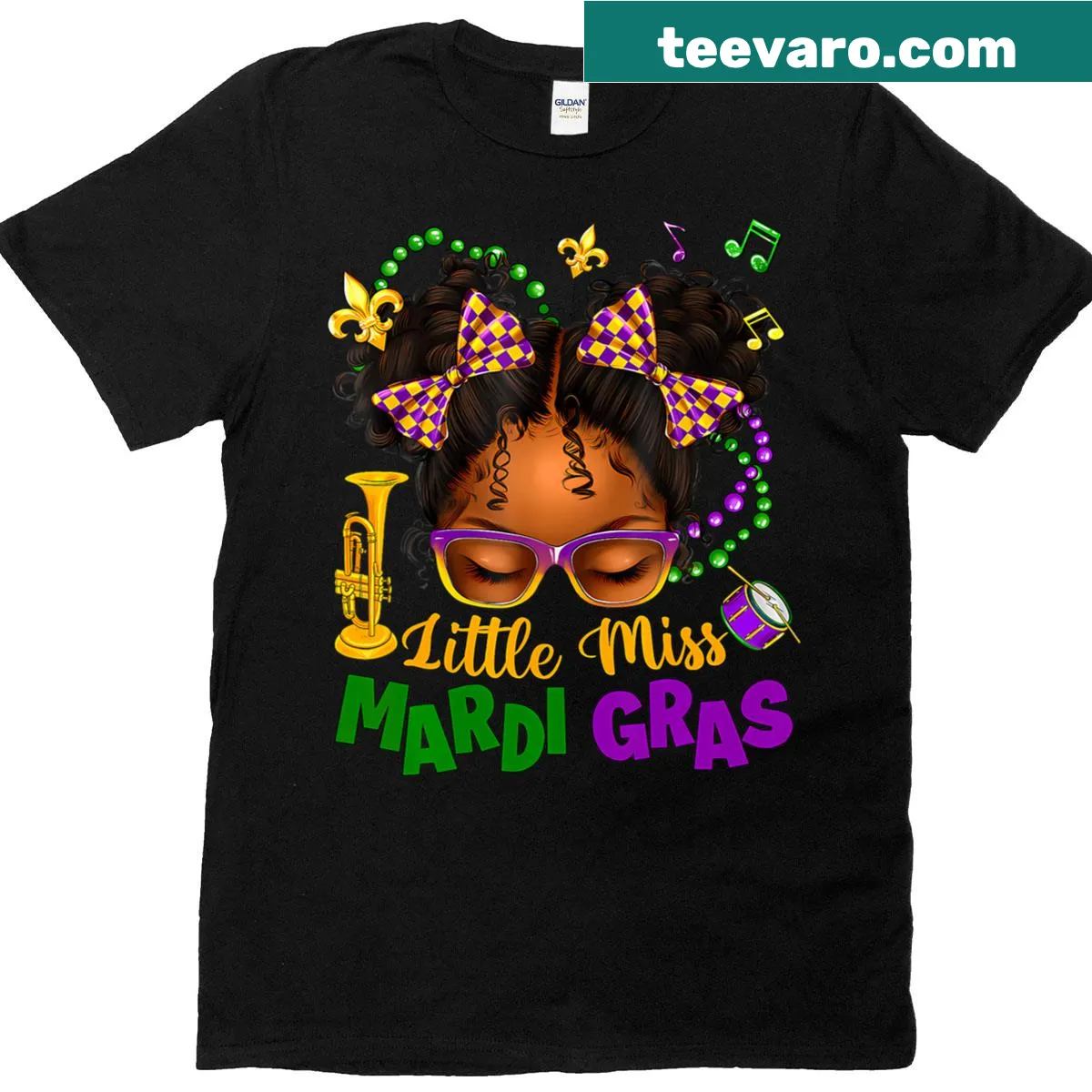 Cute kids t-shirt featuring a Little Miss character with afro messy bun for Mardi Gras — on a men's t-shirt