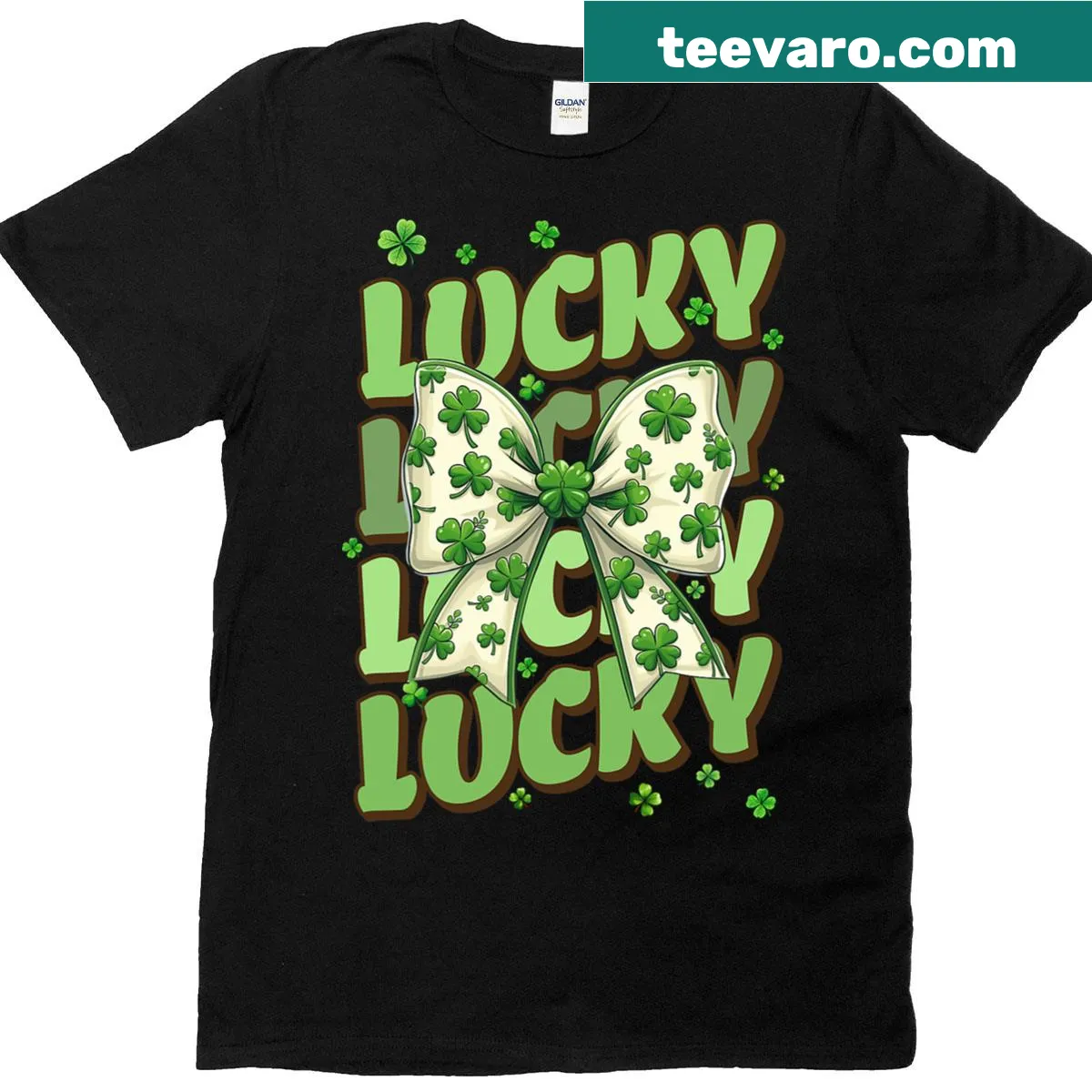 Shamrock with a bow graphic on girls' St. Patrick's Day T-shirt — on a men's t-shirt