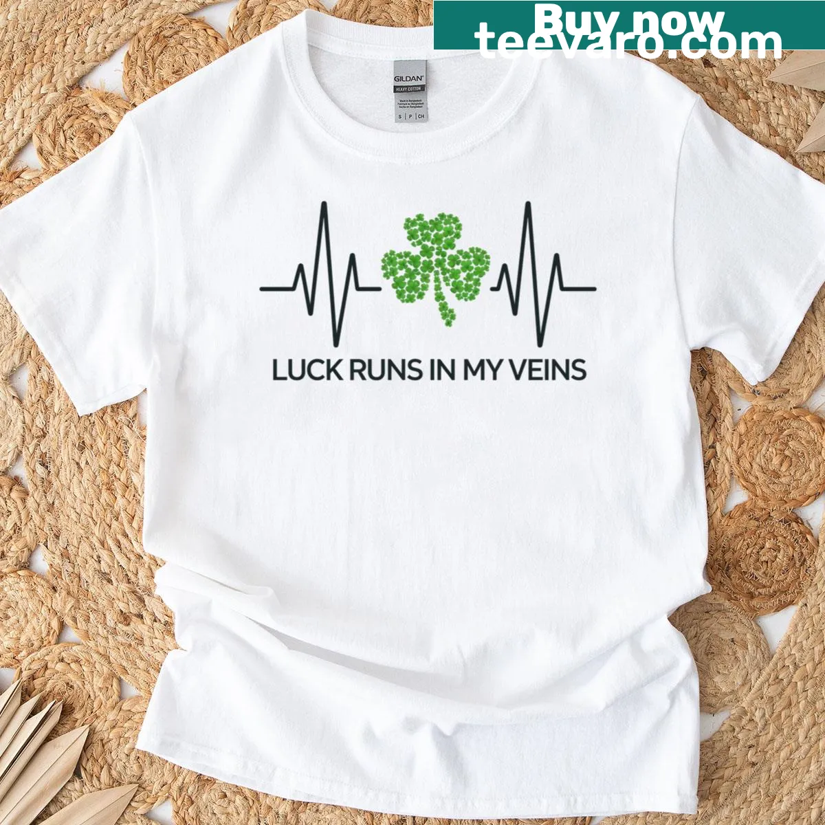 Heartbeat and shamrock graphic on St. Patrick's Day T-shirt — on a men's t-shirt
