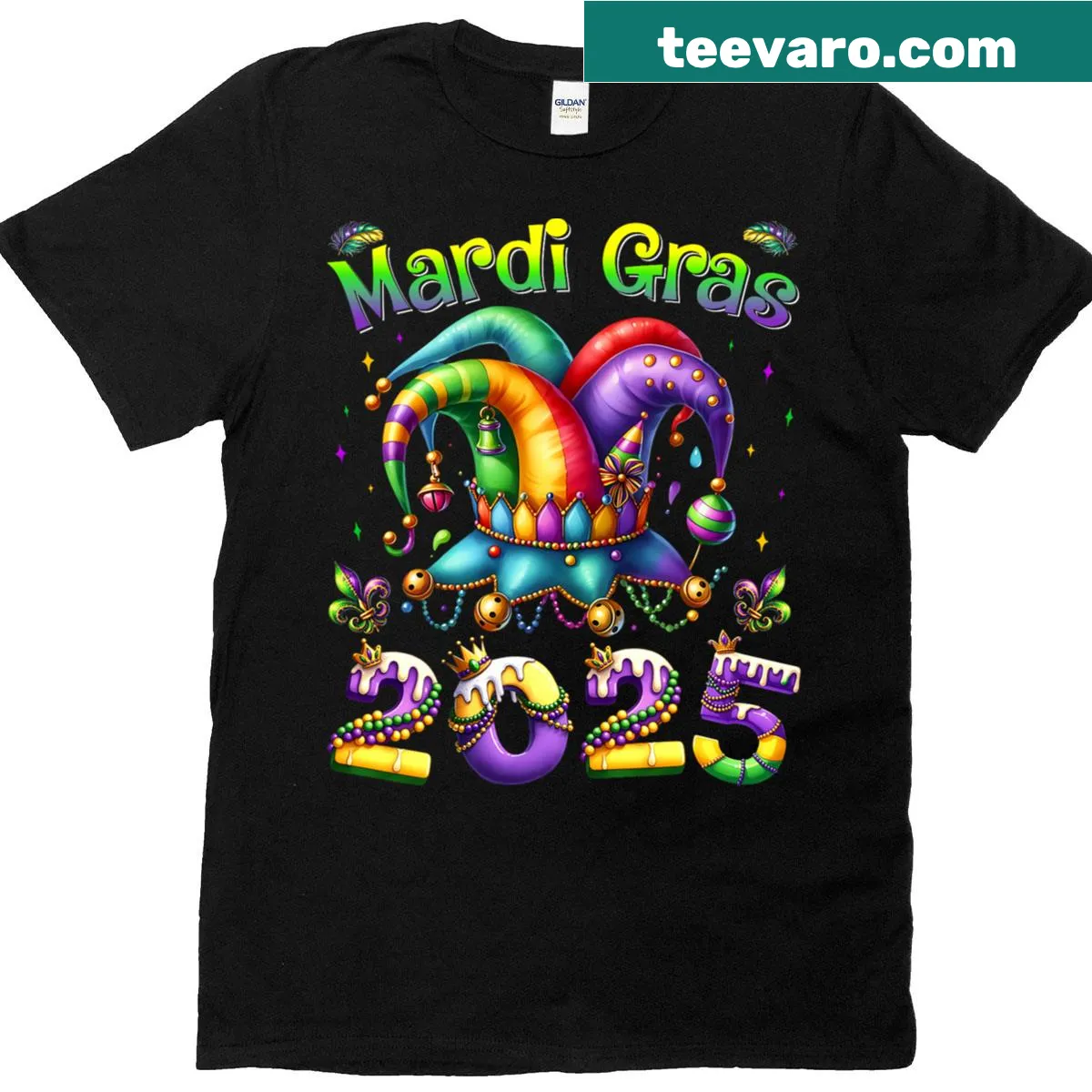 Festive Mardi Gras t-shirt featuring a jester graphic — on a men's t-shirt