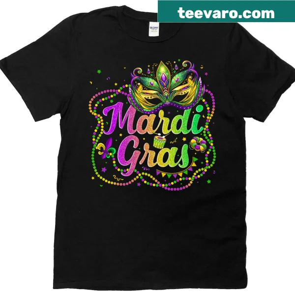 Mardi Gras themed T-shirt with beads, masks, and feathers