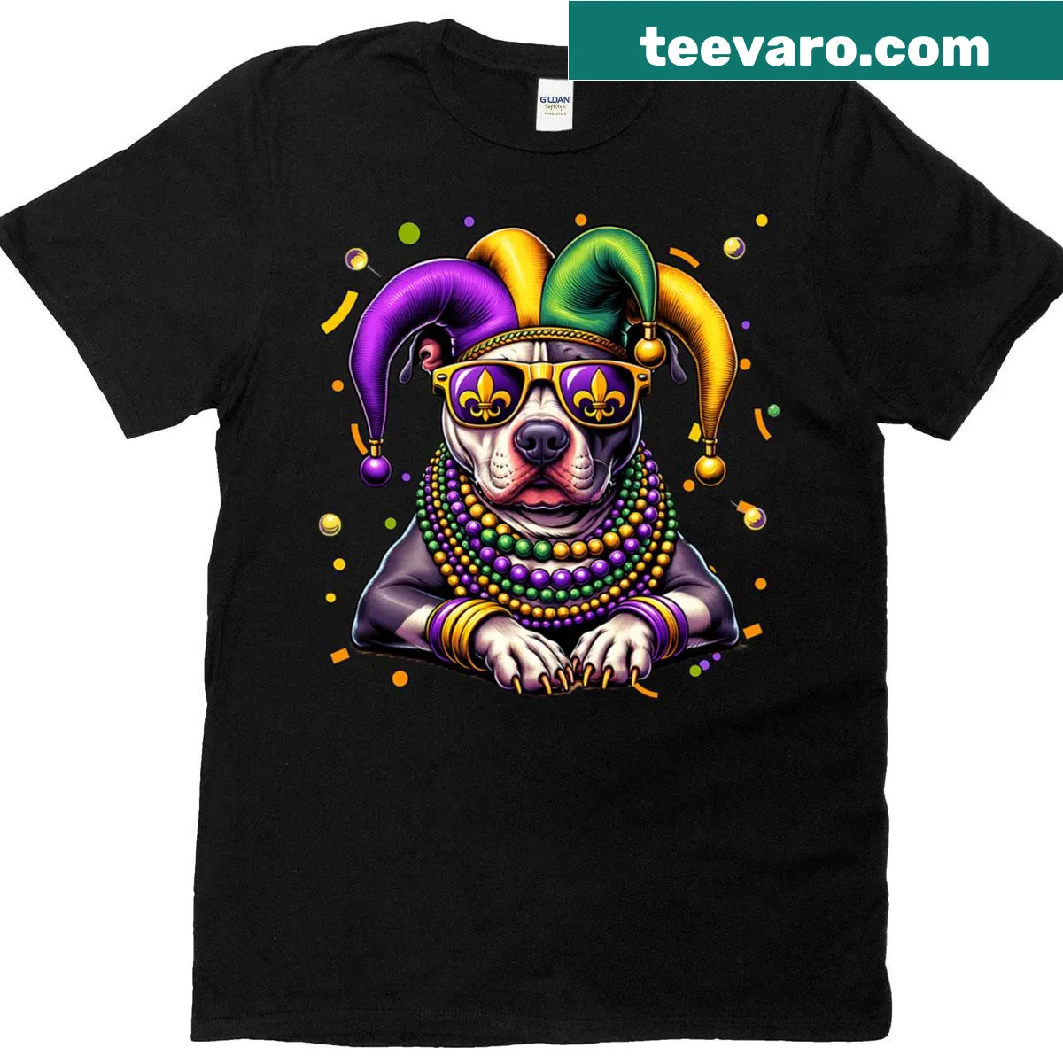 Mardi Gras Pitbull shirt with cartoon dog wearing festive beads — on a men's t-shirt