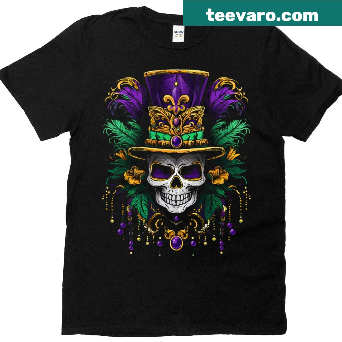 Sugar skull Mardi Gras T-shirt with carnival design — on a men's t-shirt