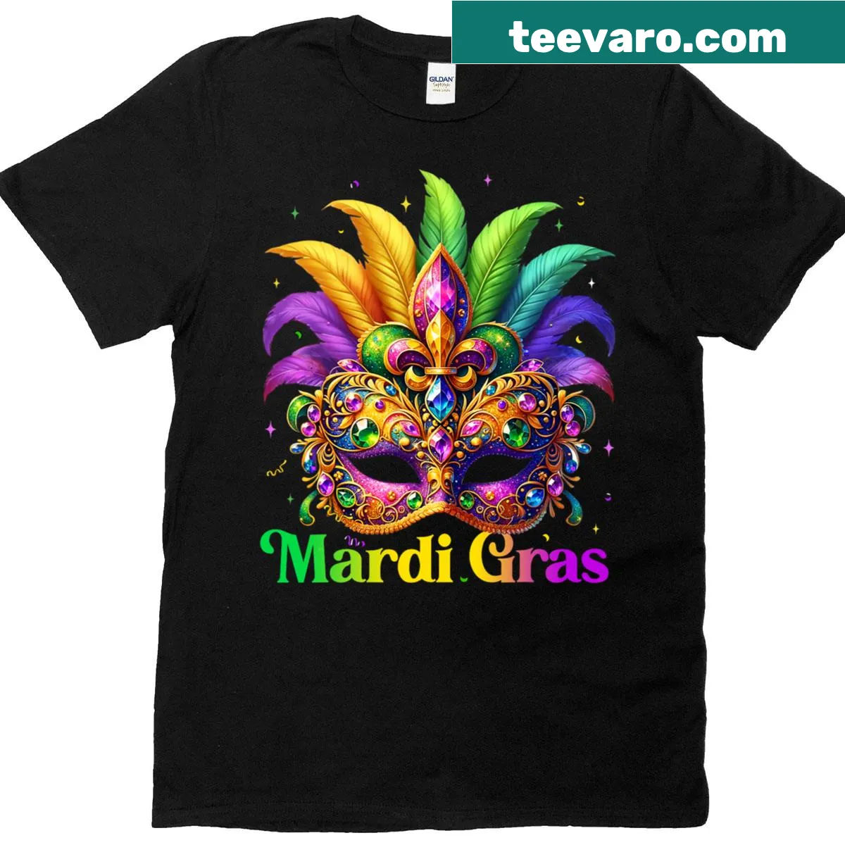 Mardi Gras T-shirt with masks and feathers illustration for girls — on a men's t-shirt