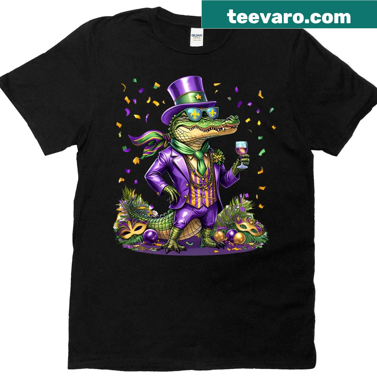 Funny Mardi Gras T-shirt featuring a Mardigator alligator costume — on a men's t-shirt
