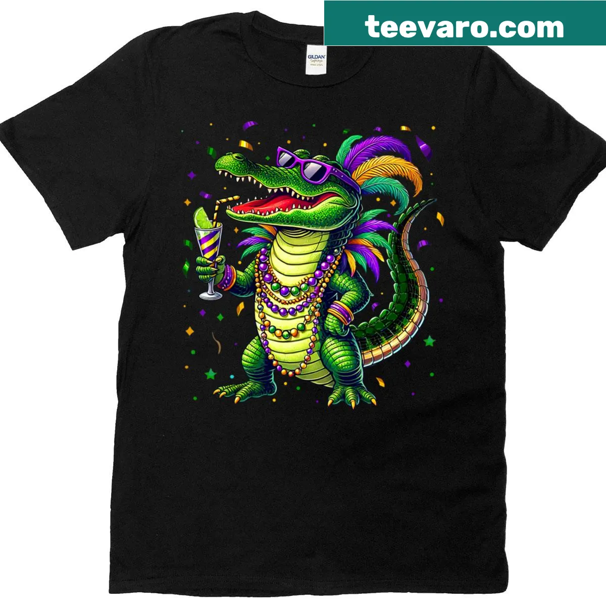 Mardi Gras T-shirt for men featuring a playful Mardigator alligator design — on a men's t-shirt