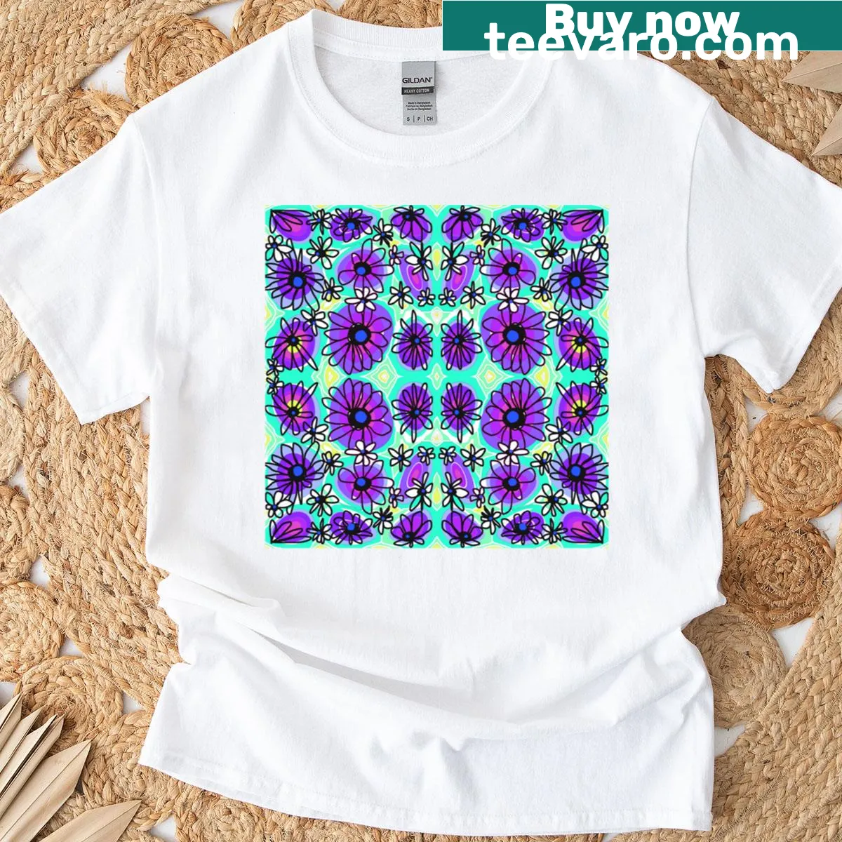 Mini flowers design on a purple aqua T-shirt for women — on a men's t-shirt