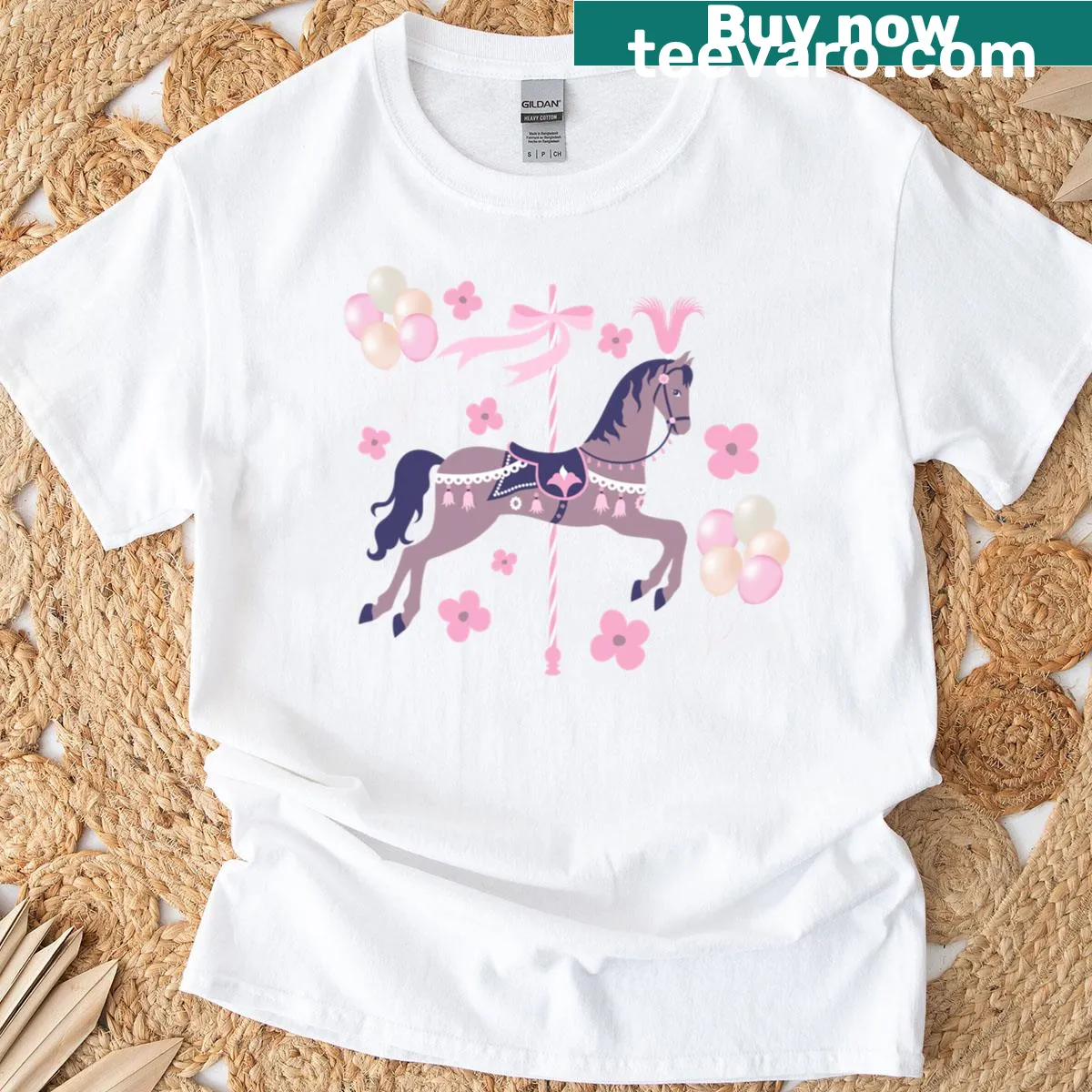T-Shirt featuring illustrated merry-go-round horses — on a men's t-shirt