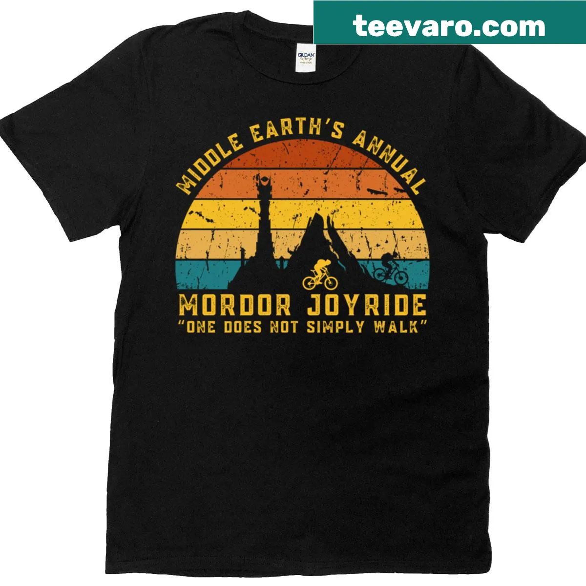 Funny biking t-shirt featuring Middle Earth's Mordor joyride theme — on a men's t-shirt