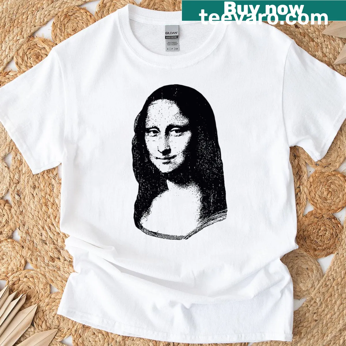 T-shirt featuring a bold black and white graphic of the Mona Lisa — on a men's t-shirt