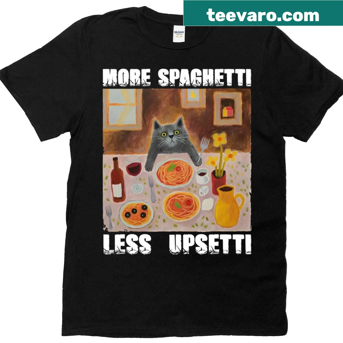 Cute vintage T-shirt featuring a cat and a humorous food quote — on a men's t-shirt