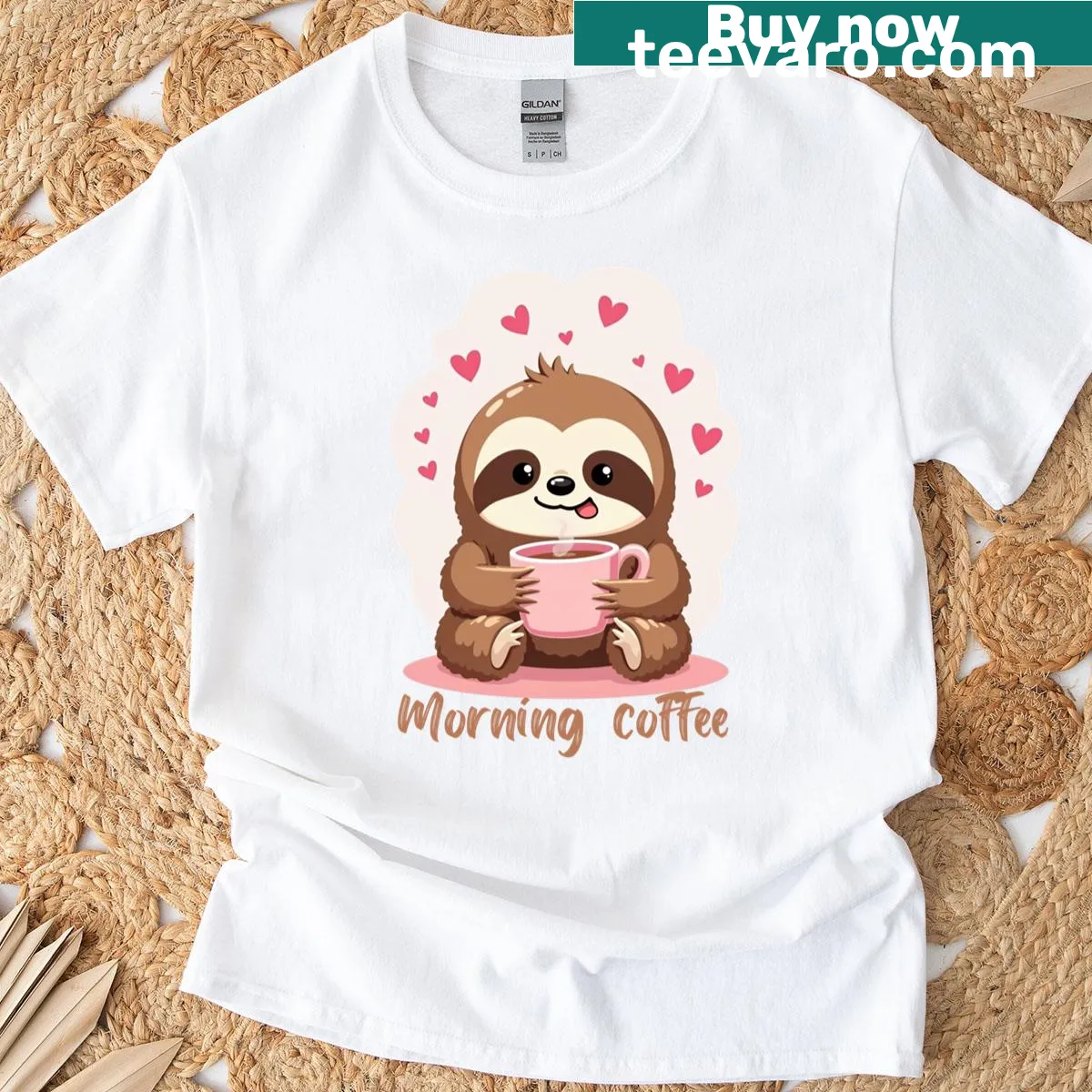 Illustrative graphic t-shirt featuring a warm cup of coffee — on a men's t-shirt