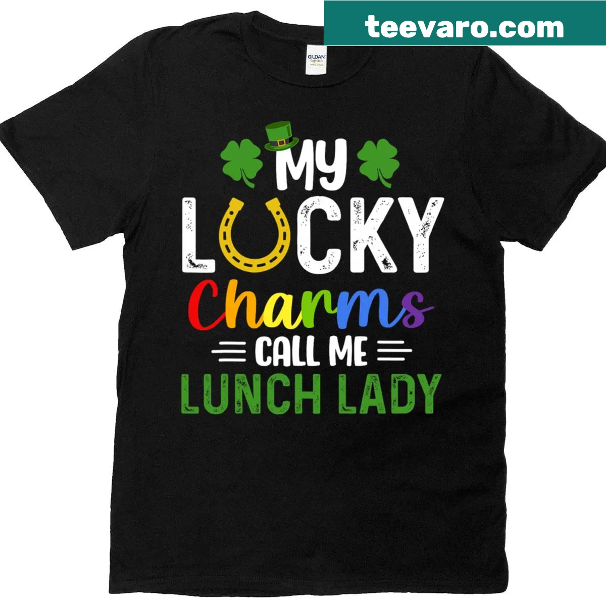 Funny St. Patrick's Day t-shirt with text 'My Lucky Charms Call Me Lunch Lady' — on a men's t-shirt
