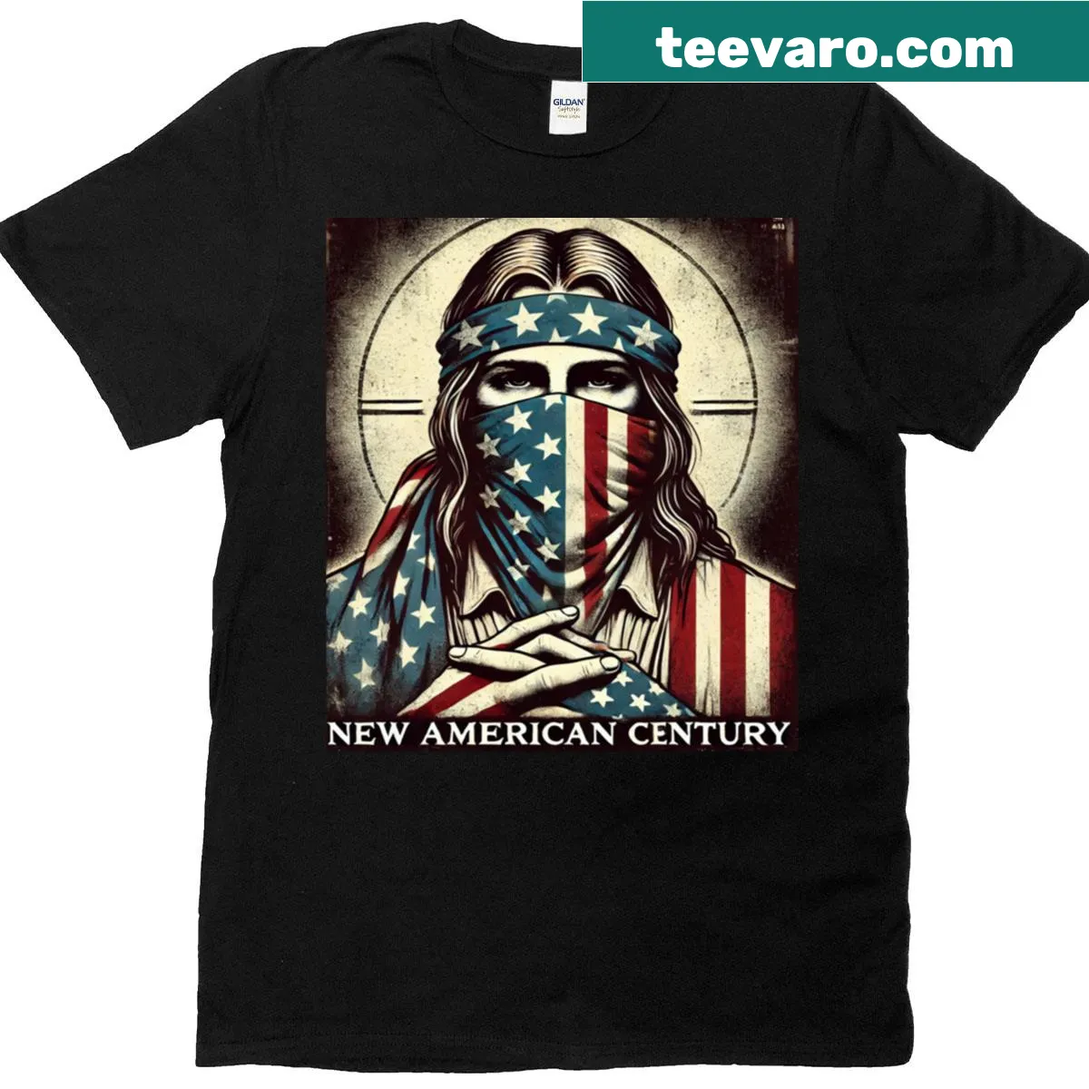 New American Century t-shirt featuring bold typography — on a men's t-shirt