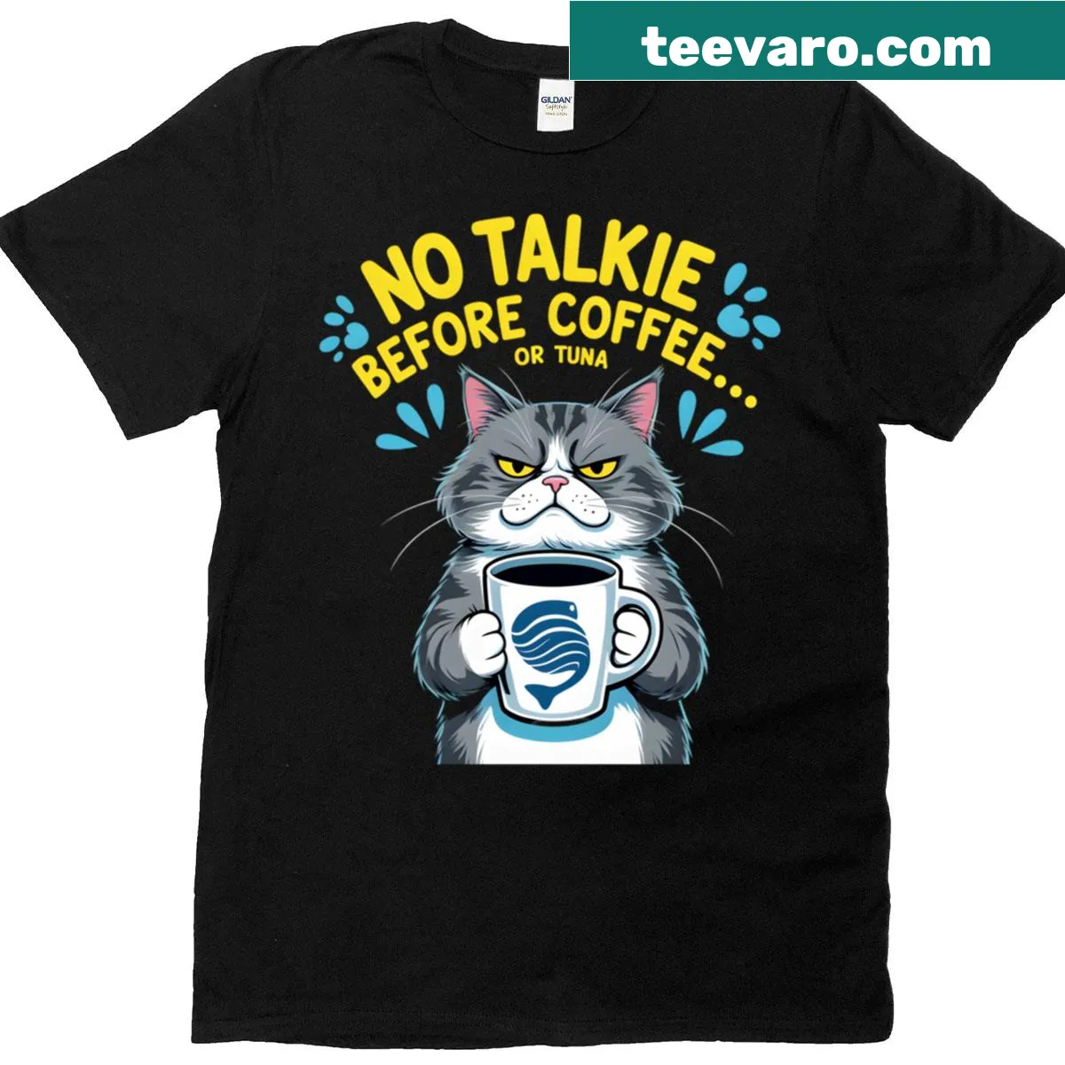 T-shirt with humorous text about coffee and tuna for cats — on a men's t-shirt